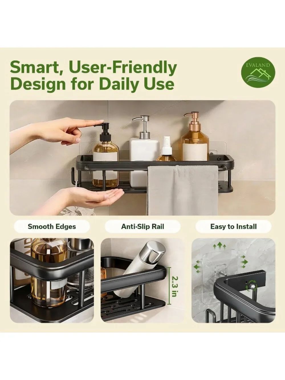New 2-Pack Black Adhesive Shower Caddy Shelves Hooks Towel Rod Rustproof
